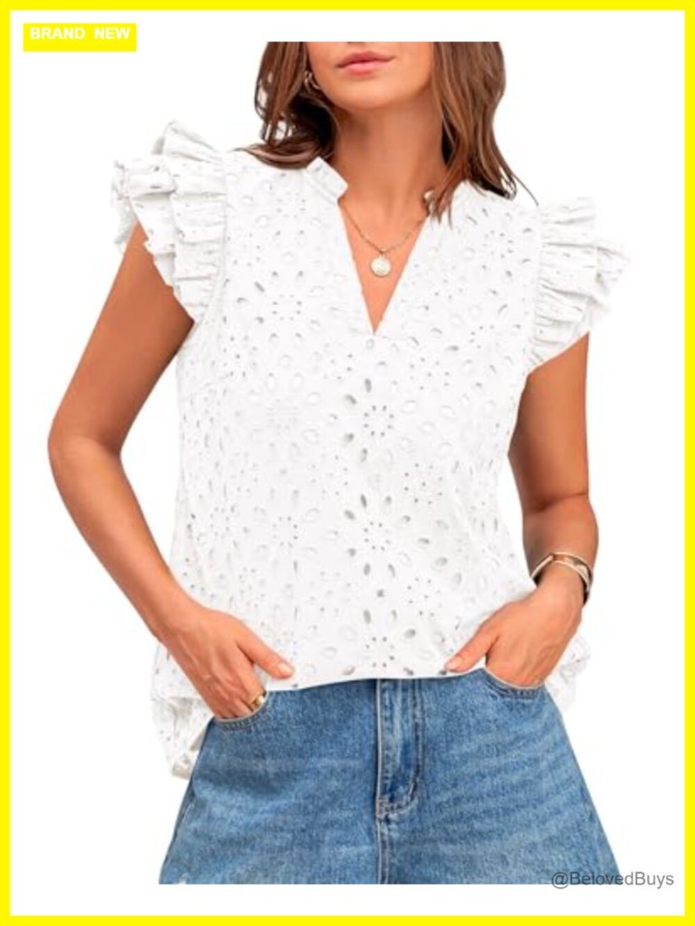 Eyelet Embroidered V Neck Ruffle Cap Sleeve Tunic Top